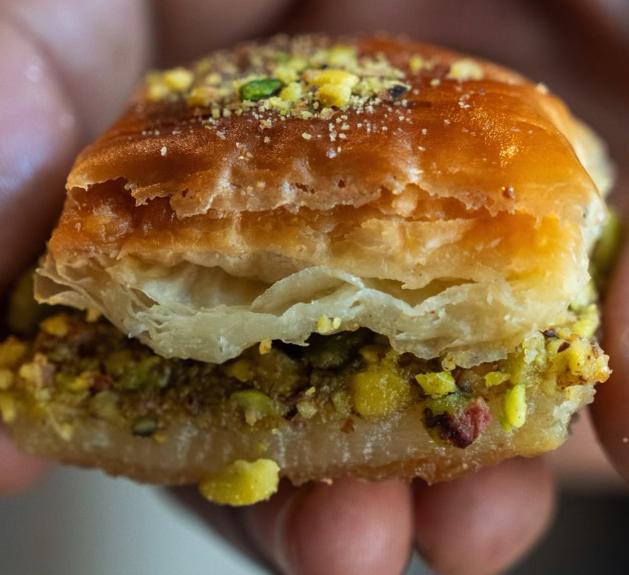 Baklava topped with pistachio